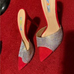 Red Crystal-Embellished Pointed Toe Stiletto Heels